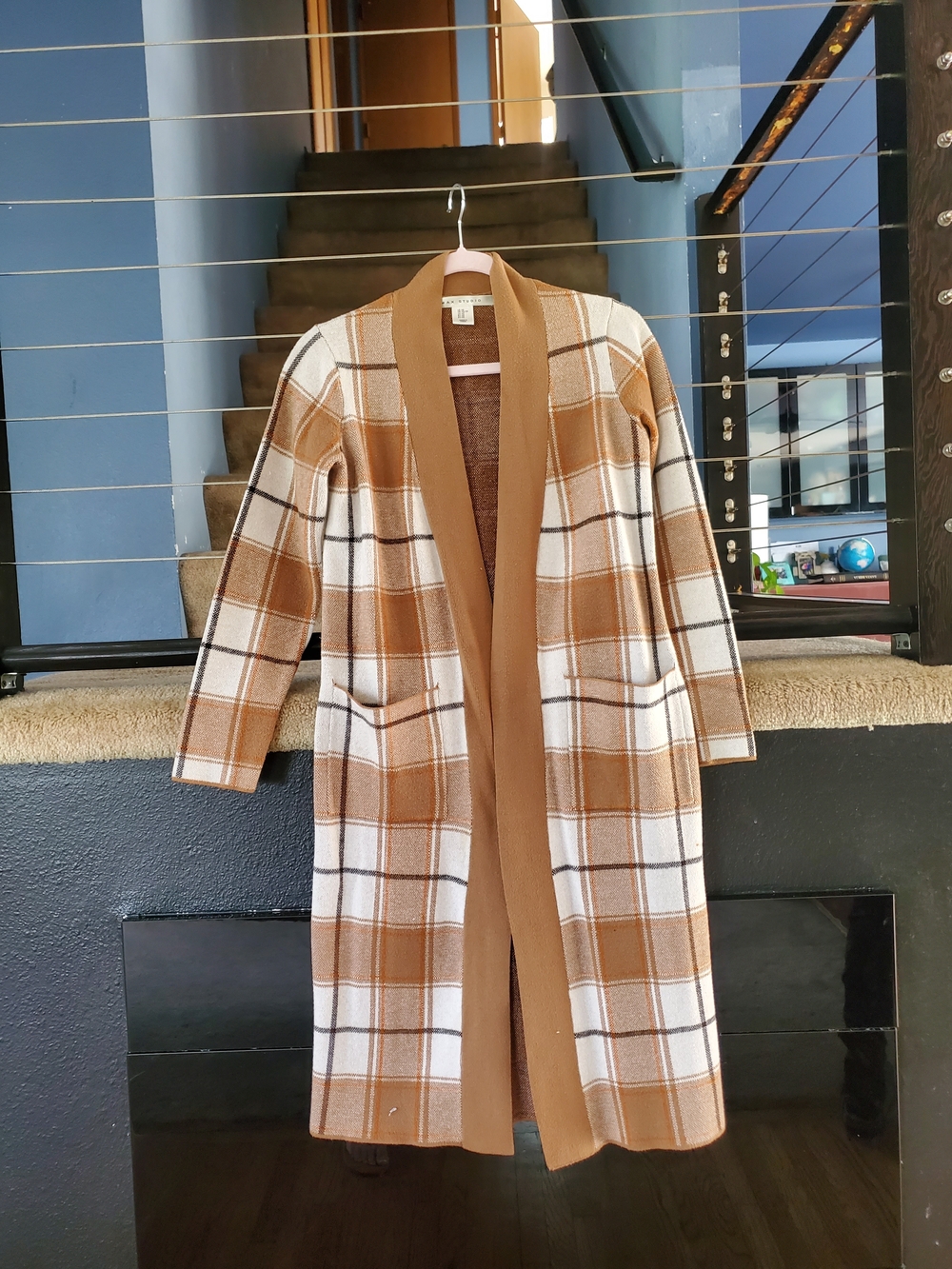 Max Studio Camel and White Plaid Long Open Cardigan with Shawl Collar